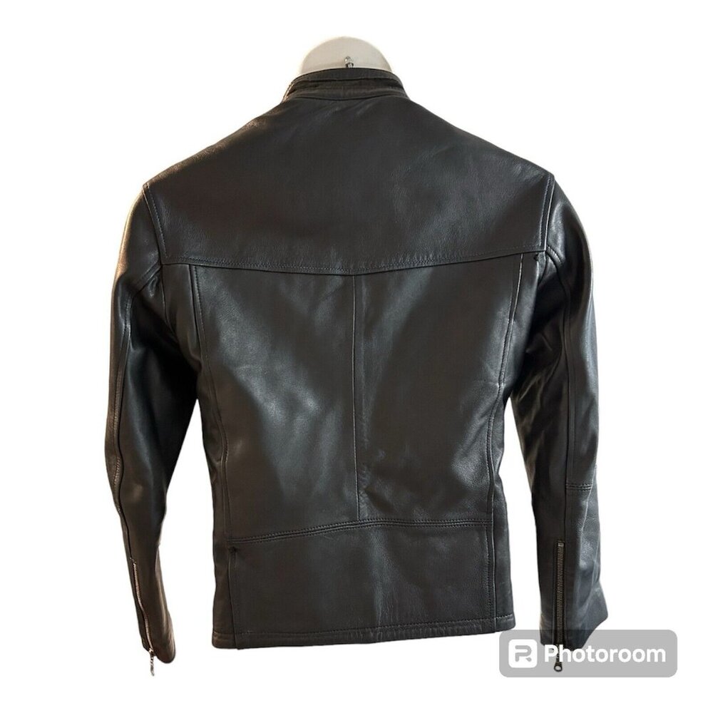 Vtg Pops Black Soft Leather Jacket Full Zip Blue Stitching Unisex Medium Large - Picture 4 of 12